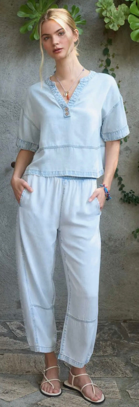 Washed Denim Elastic Waist Pants (Set)