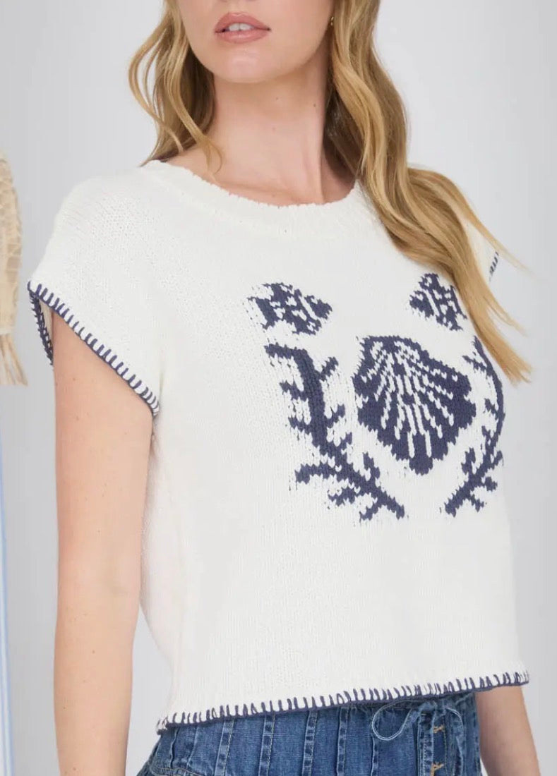 White/ Navy Marine Short Sleeve Sweater