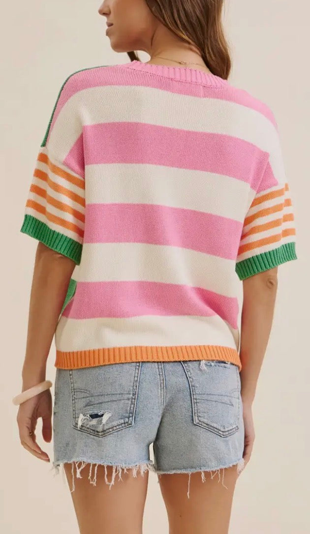 Green/ Orange Stripe Short Sleeve Sweater