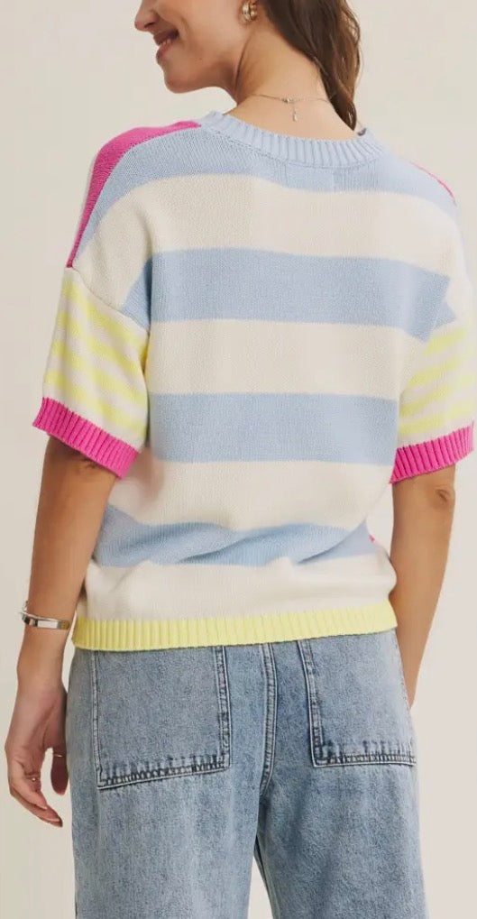 Fuchsia/ Lemon Stripe Short Sleeve Sweater