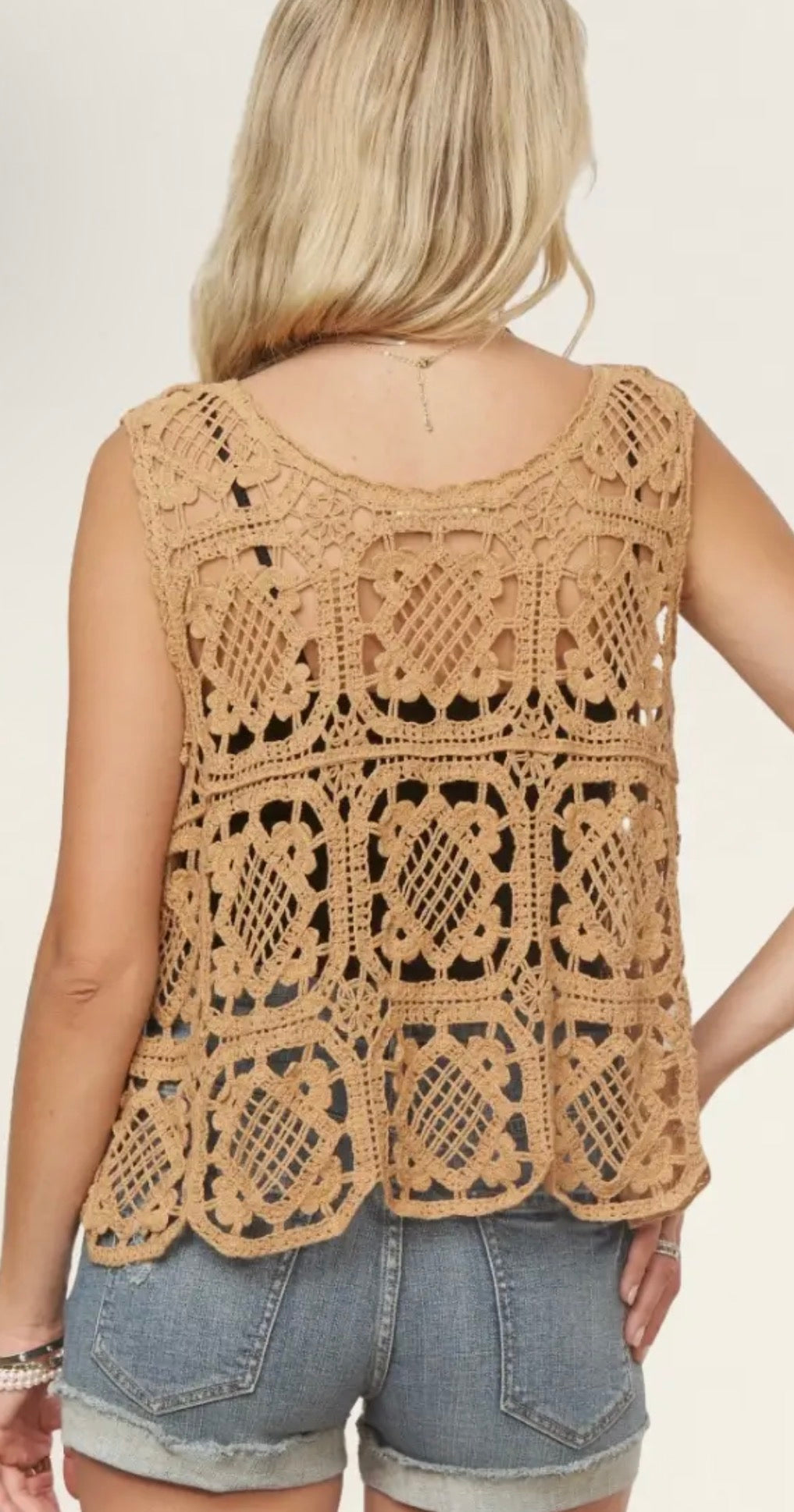 Casual Camel Crochet Sleeveless Top