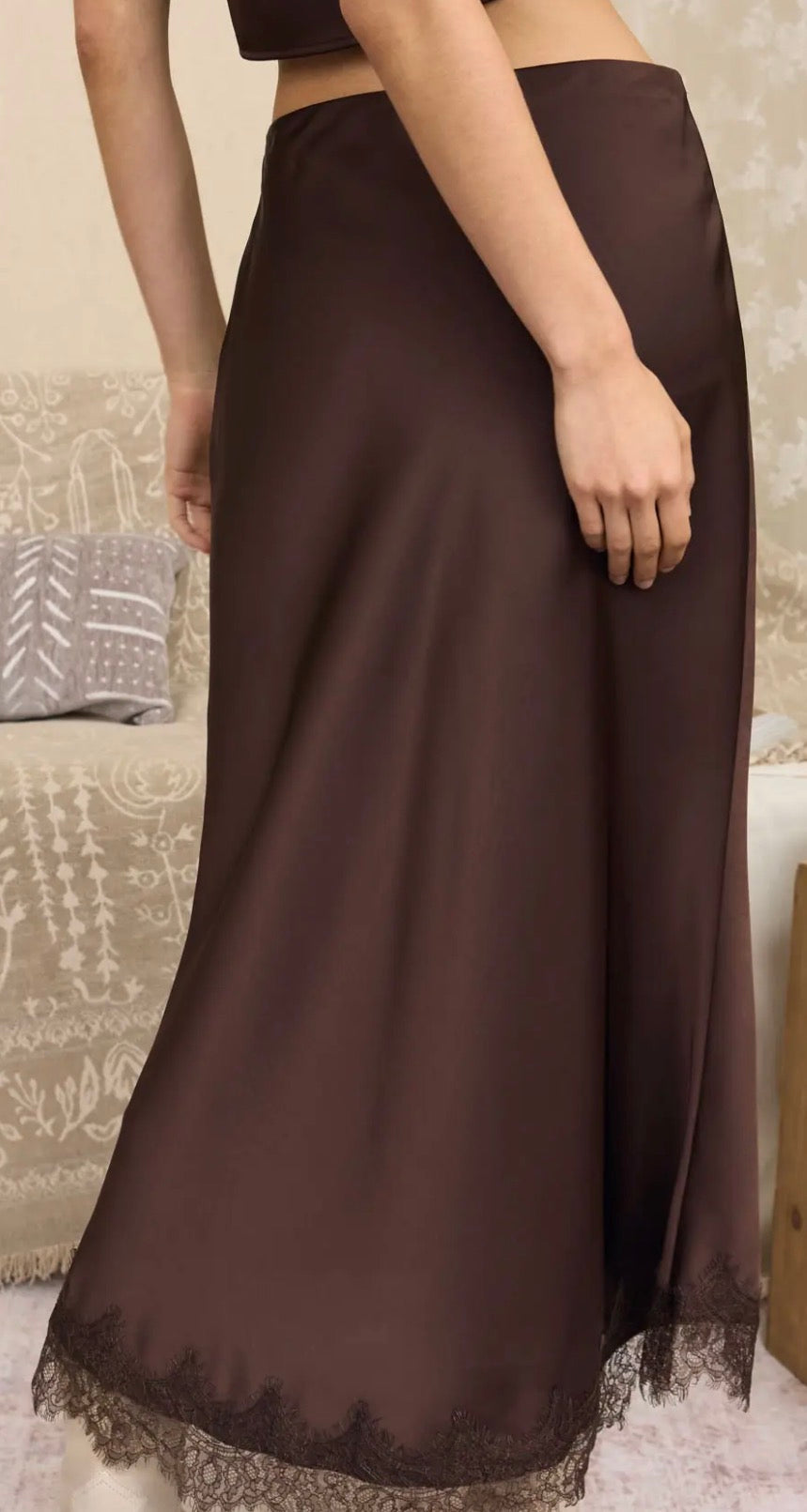 Satin Dark Brown Skirt with Lace Trim