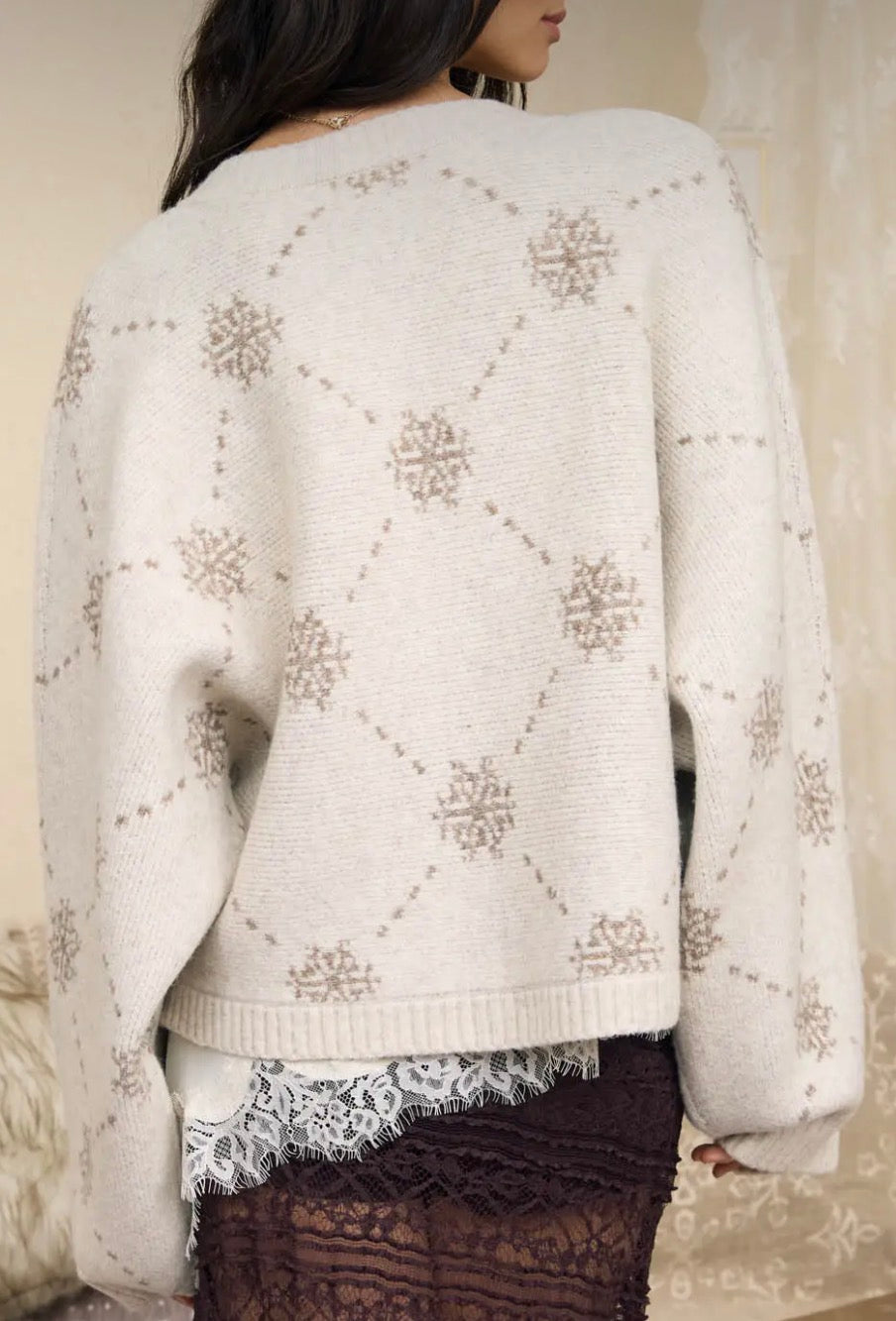 Snowflake Cream Jacquard Button Down Cardigan