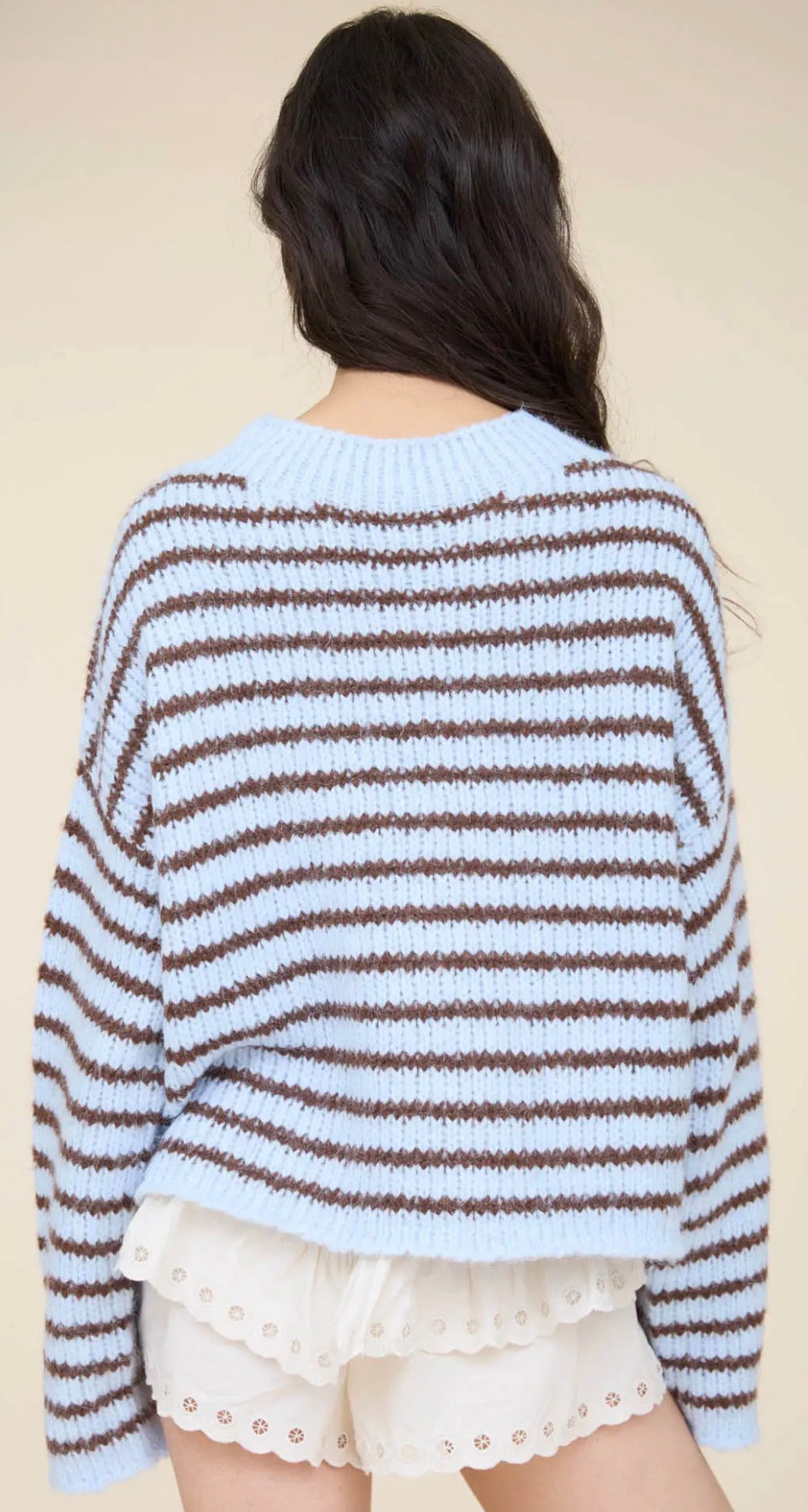 Striped Baby Blue & Brown Rolled Edge Sweater