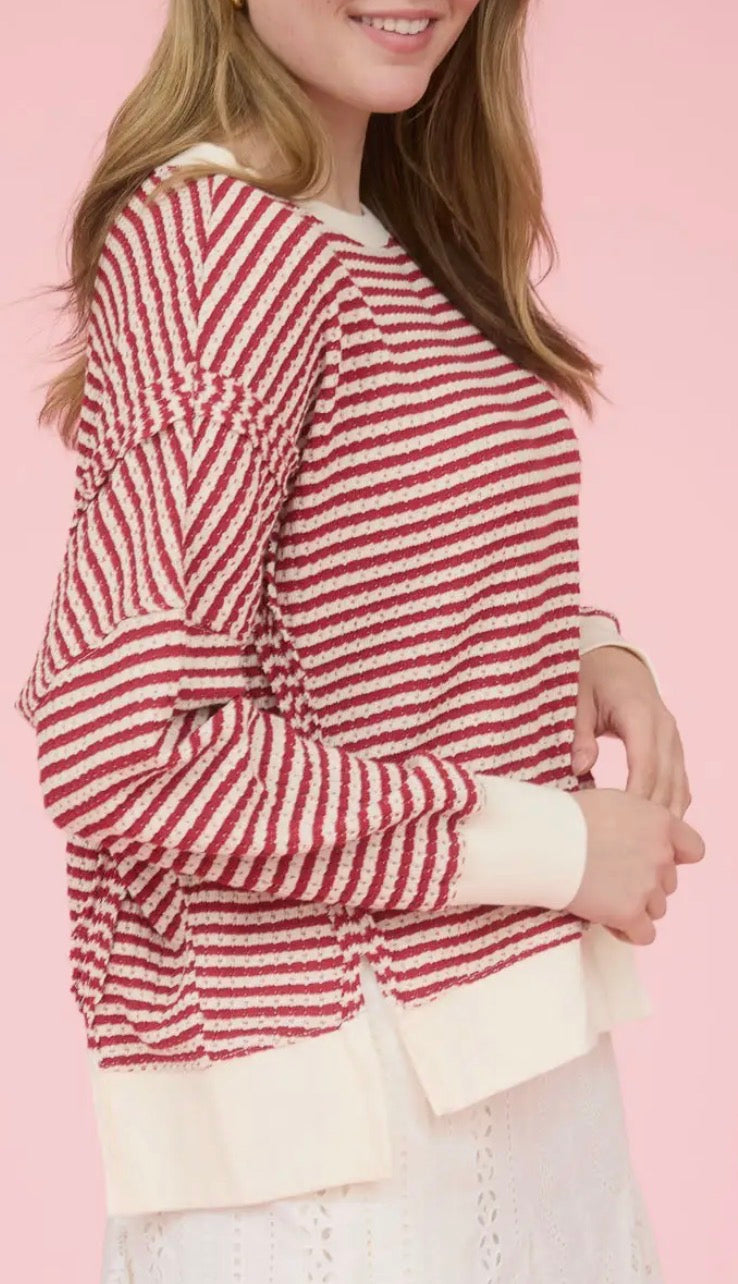 Red/ Cream Stripe Long Sleeve Knit Top