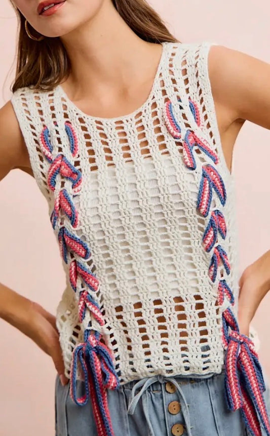 4th of July Stripes Lace Sleeveless Open Knit Top