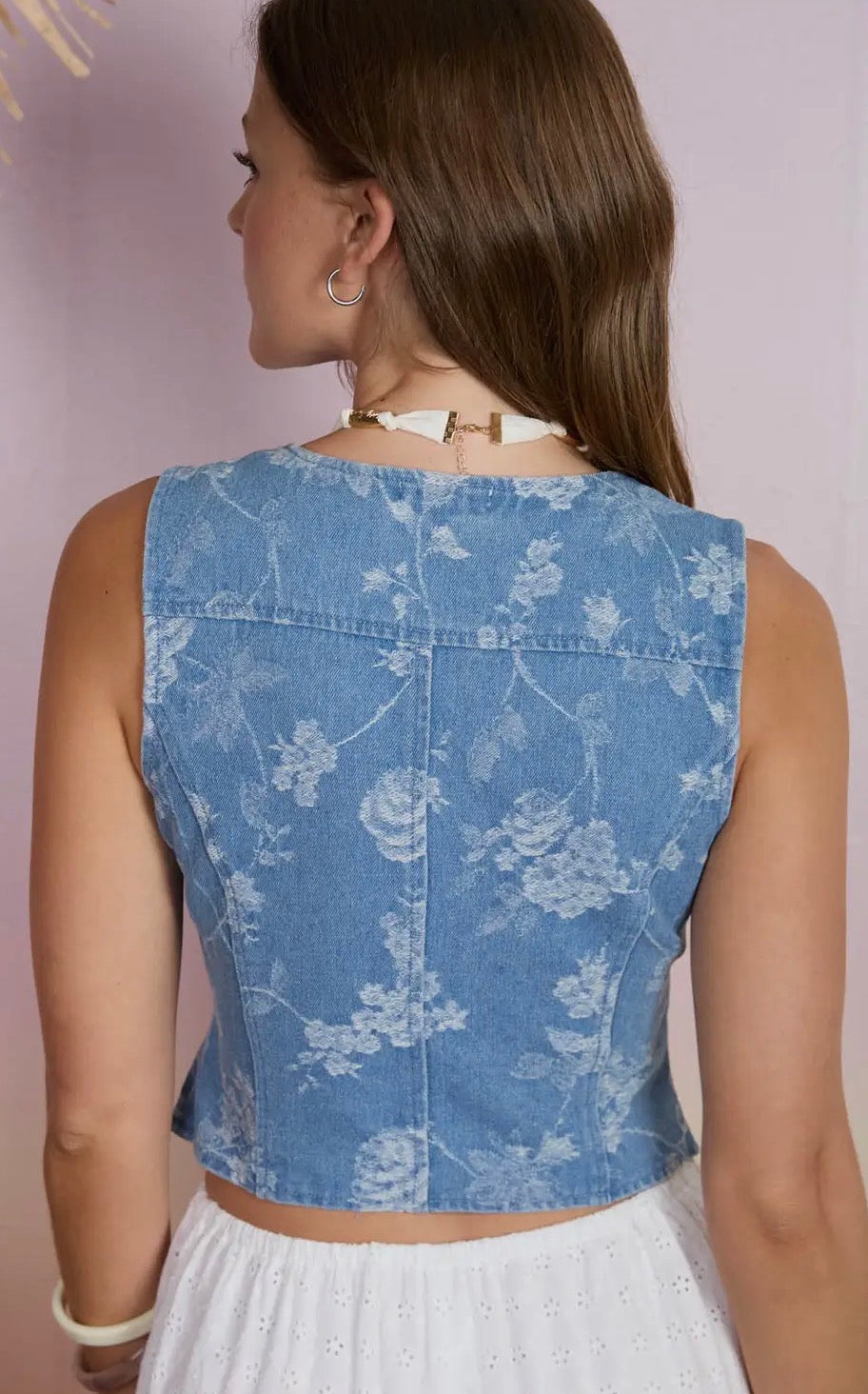 Floral Bottom Down Denim Vest