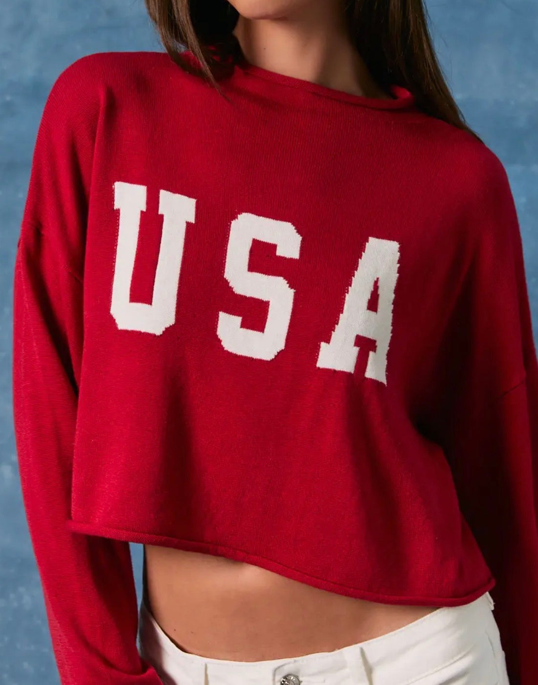 Red Long Sleeve Mock Neck "USA" Sweater
