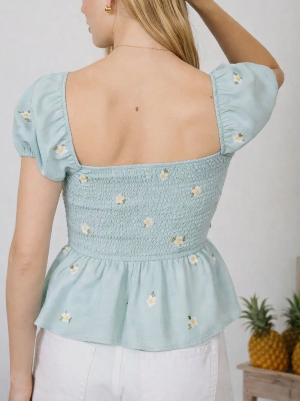Dusty Mint Floral Embroidery Puff Sleeve Top