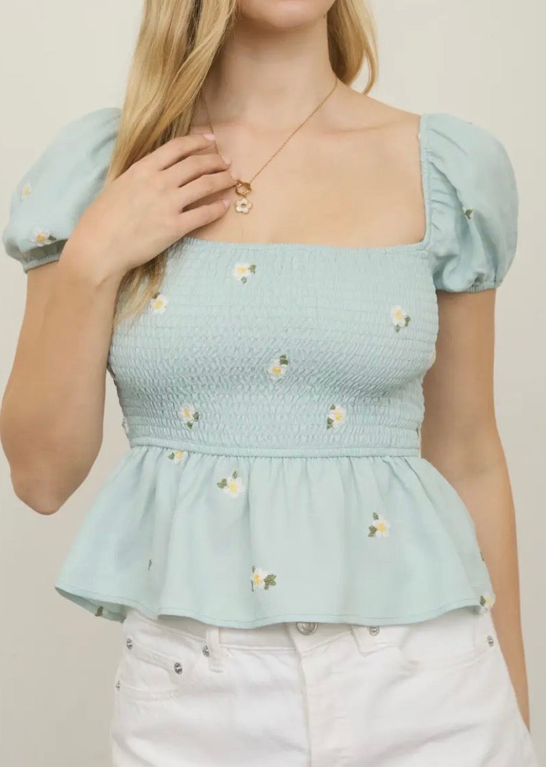 Dusty Mint Floral Embroidery Puff Sleeve Top