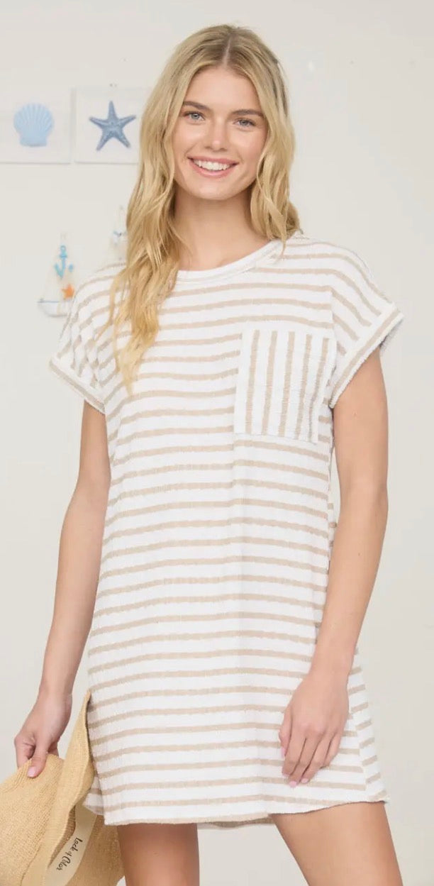 Khaki Stripe Short Sleeve Knit T-Shirt Dress