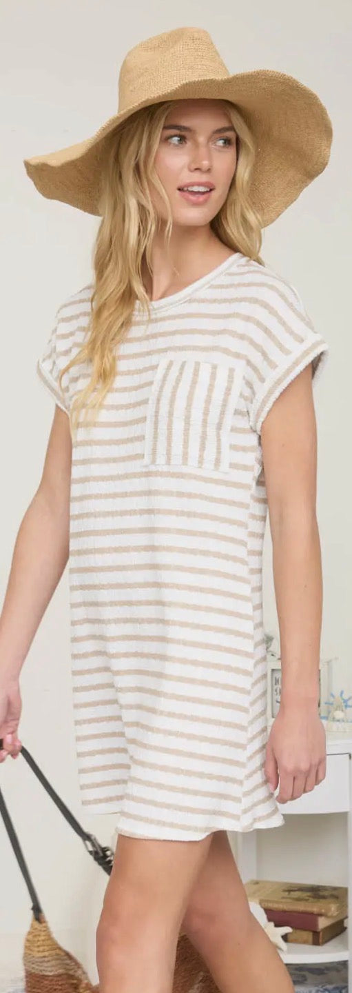 Khaki Stripe Short Sleeve Knit T-Shirt Dress