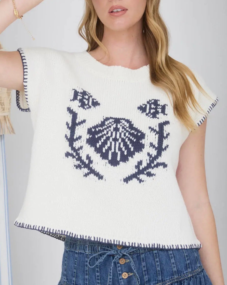 White/ Navy Marine Short Sleeve Sweater