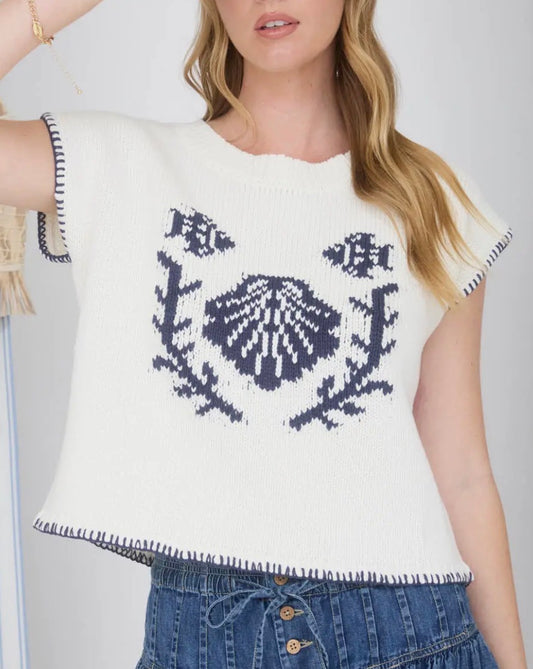 White/ Navy Marine Short Sleeve Sweater