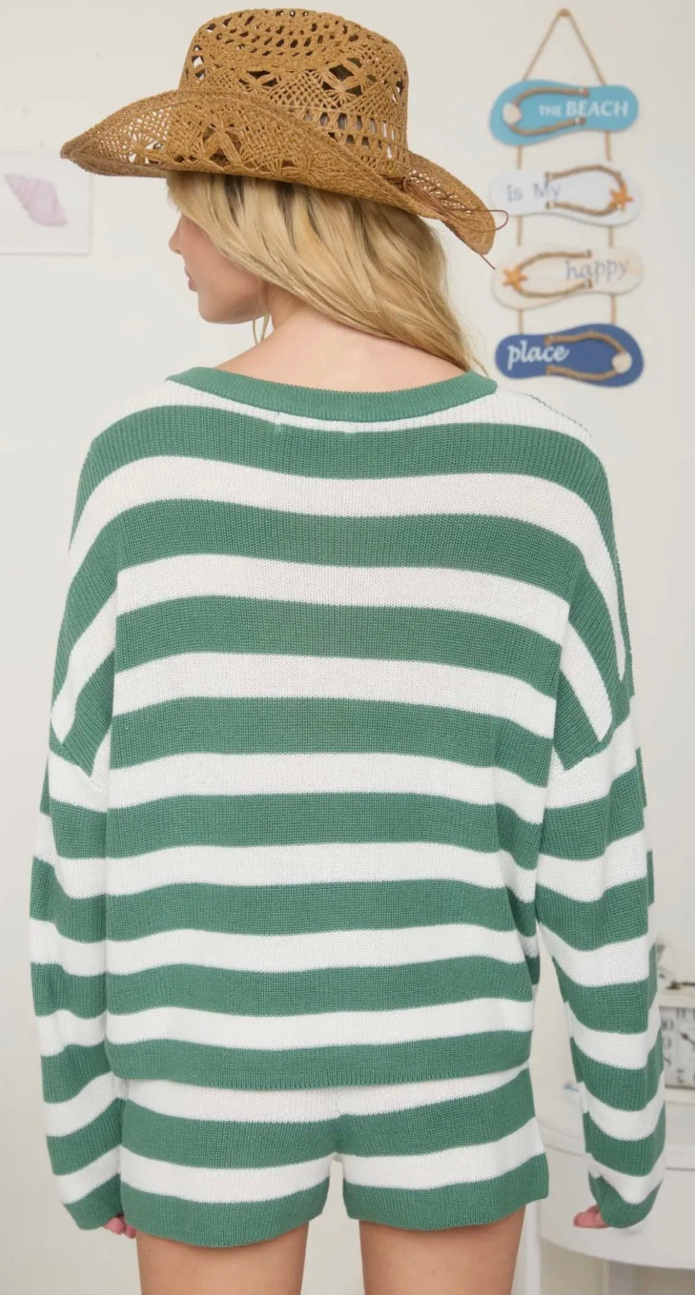 Green/ White Stripe Long Sleeve Knit Top (Set)