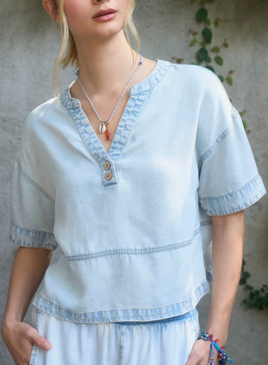 Washed Denim Split Neck Short Sleeve Top (Set)