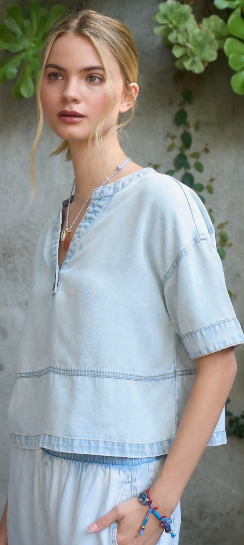 Washed Denim Split Neck Short Sleeve Top (Set)
