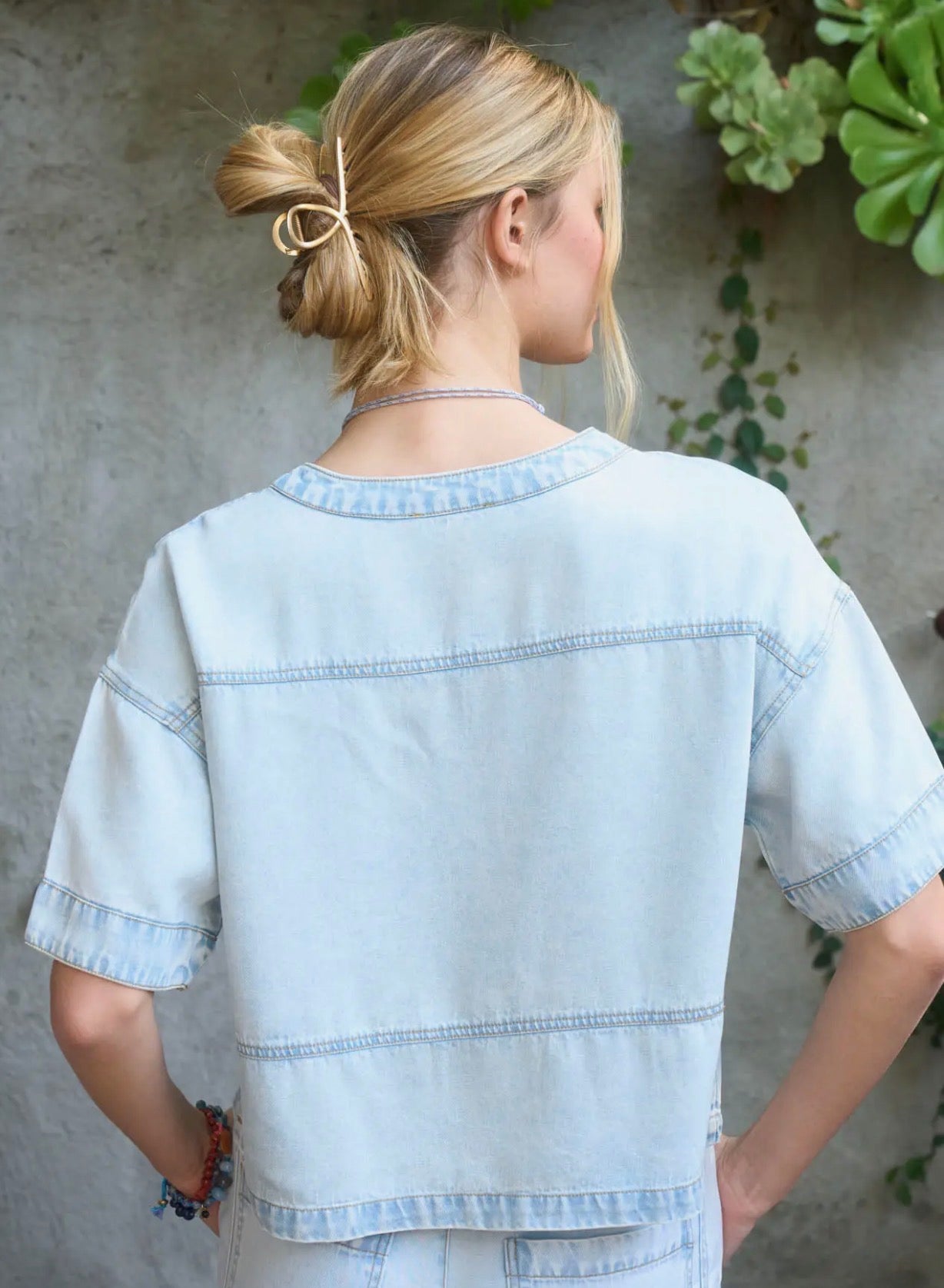Washed Denim Split Neck Short Sleeve Top (Set)