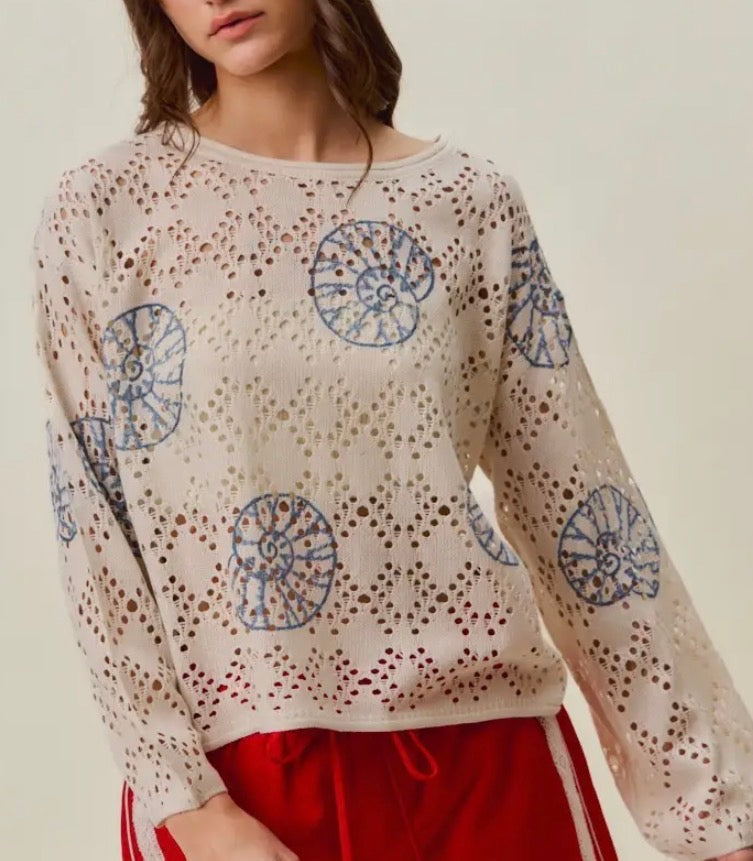 Cream Sweater w/ Blue Seashells