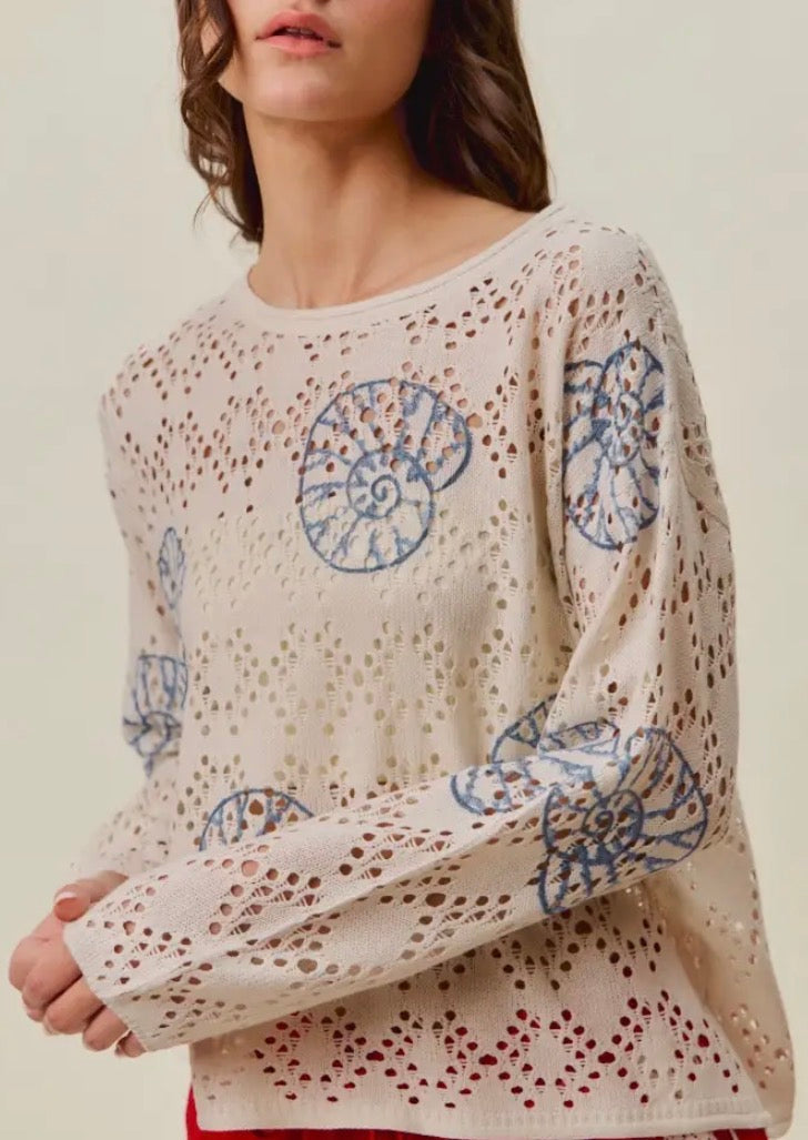 Cream Sweater w/ Blue Seashells
