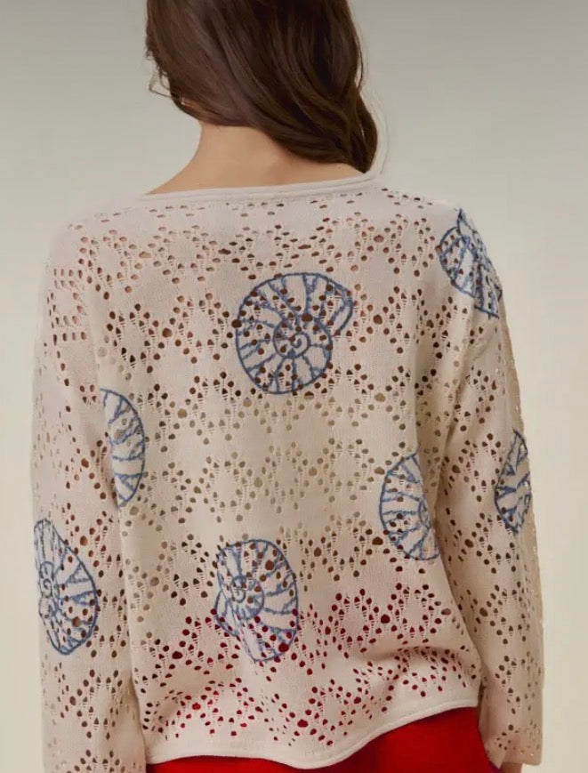 Cream Sweater w/ Blue Seashells