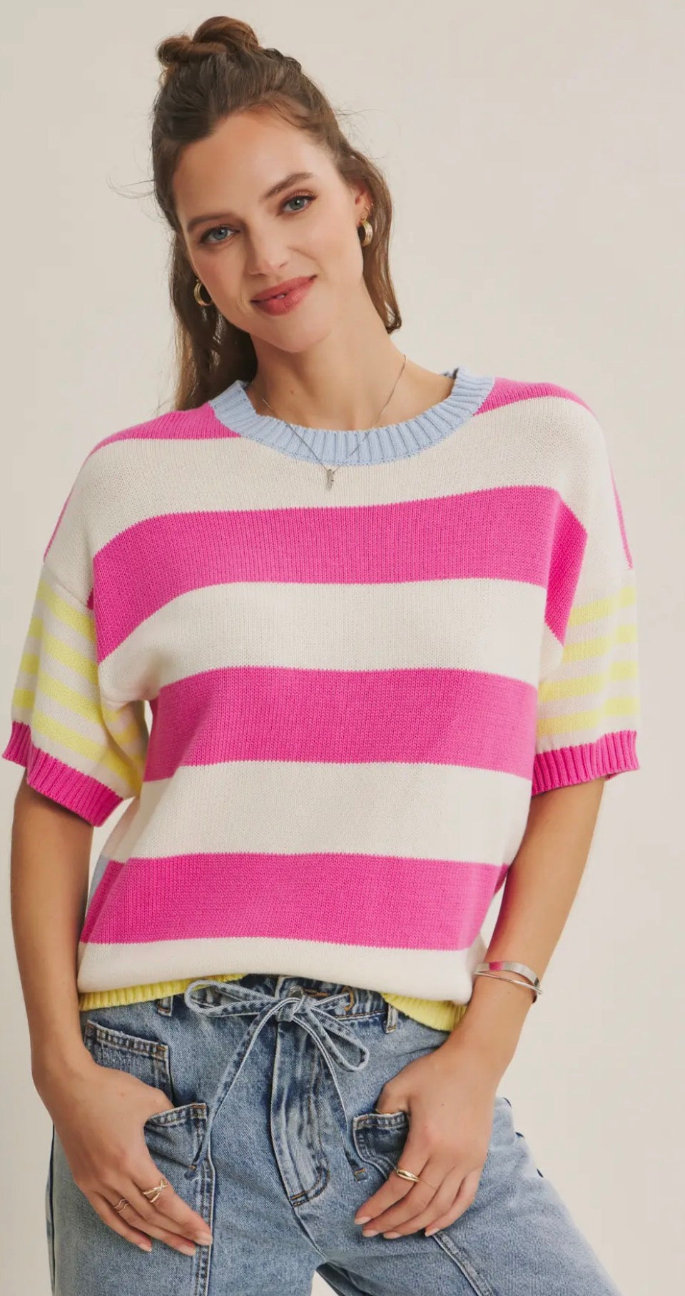 Fuchsia/ Lemon Stripe Short Sleeve Sweater