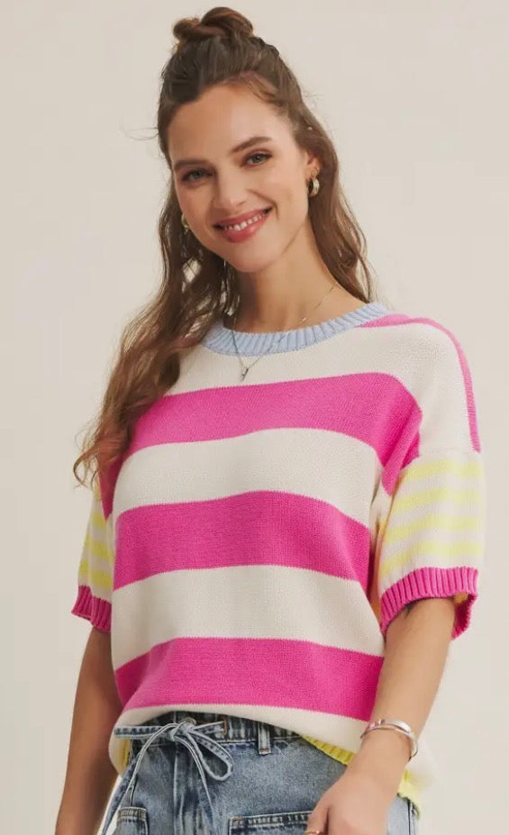 Fuchsia/ Lemon Stripe Short Sleeve Sweater