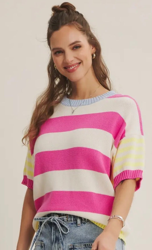 Fuchsia/ Lemon Stripe Short Sleeve Sweater