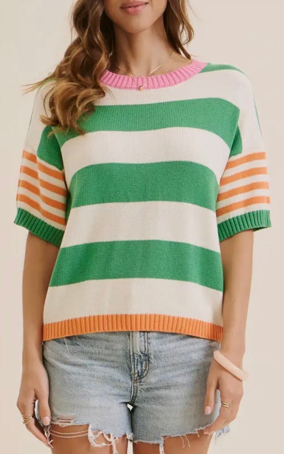 Green/ Orange Stripe Short Sleeve Sweater