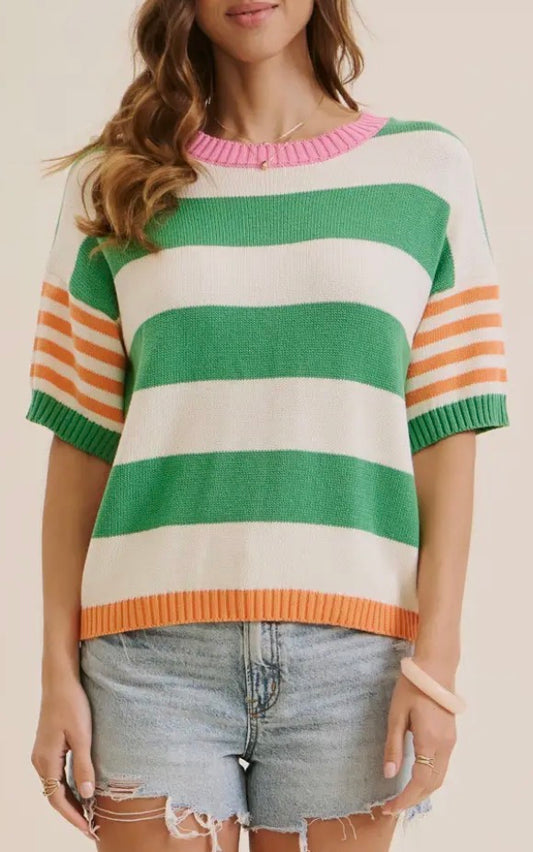 Green/ Orange Stripe Short Sleeve Sweater