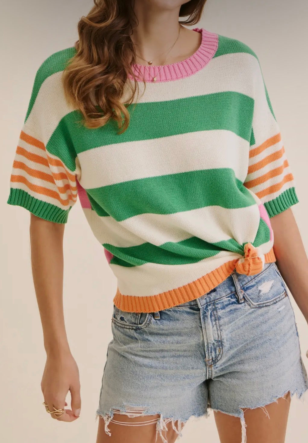 Green/ Orange Stripe Short Sleeve Sweater