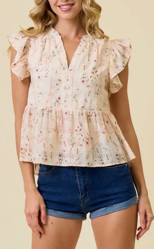 Floral Printed Ruffle Sleeve Top