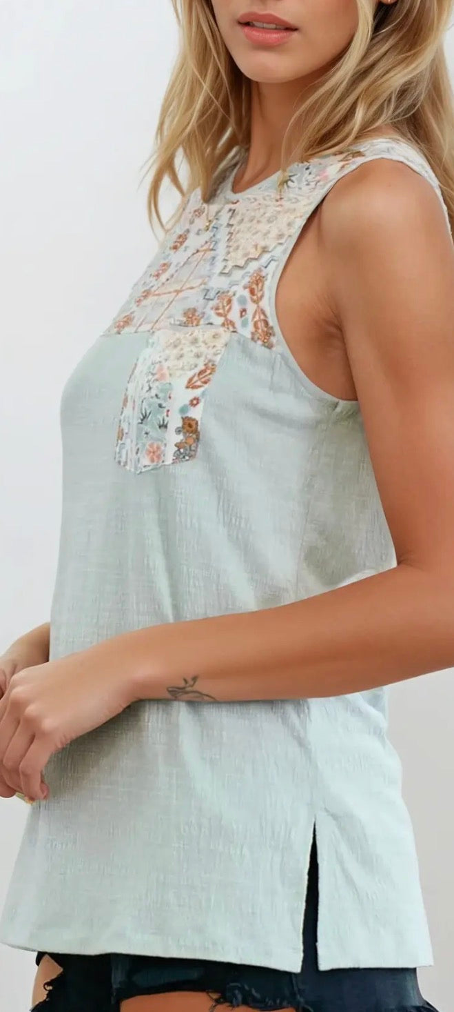 Patchwork Print Yoke Knit Top
