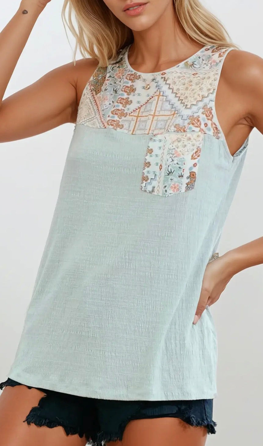 Patchwork Print Yoke Knit Top