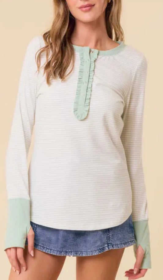 Stripe Round Neck Long Sleeve Ruffled Top