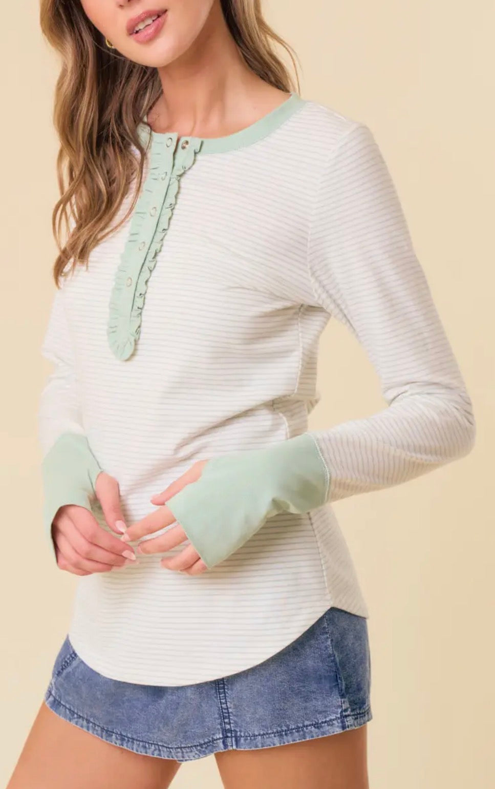 Stripe Round Neck Long Sleeve Ruffled Top