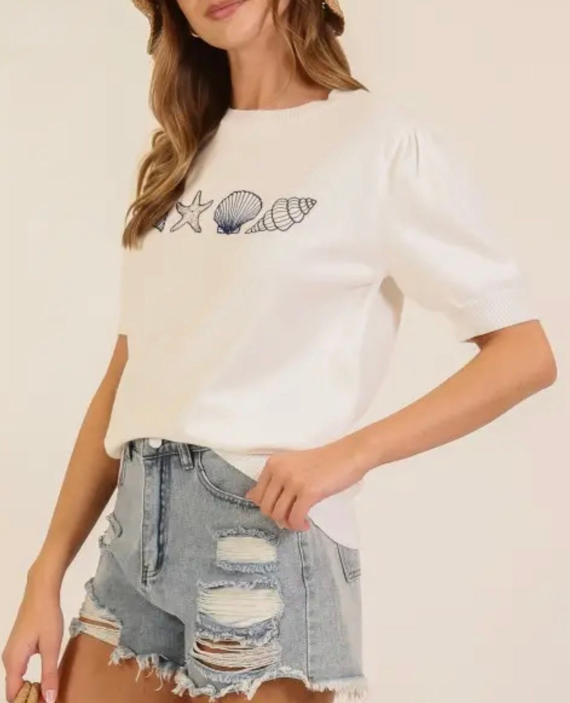 Seaside Embroidered Puff Sleeve Knit Top