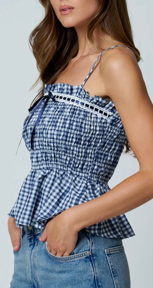 Gingham Lace Trim Peplum Spaghetti Top