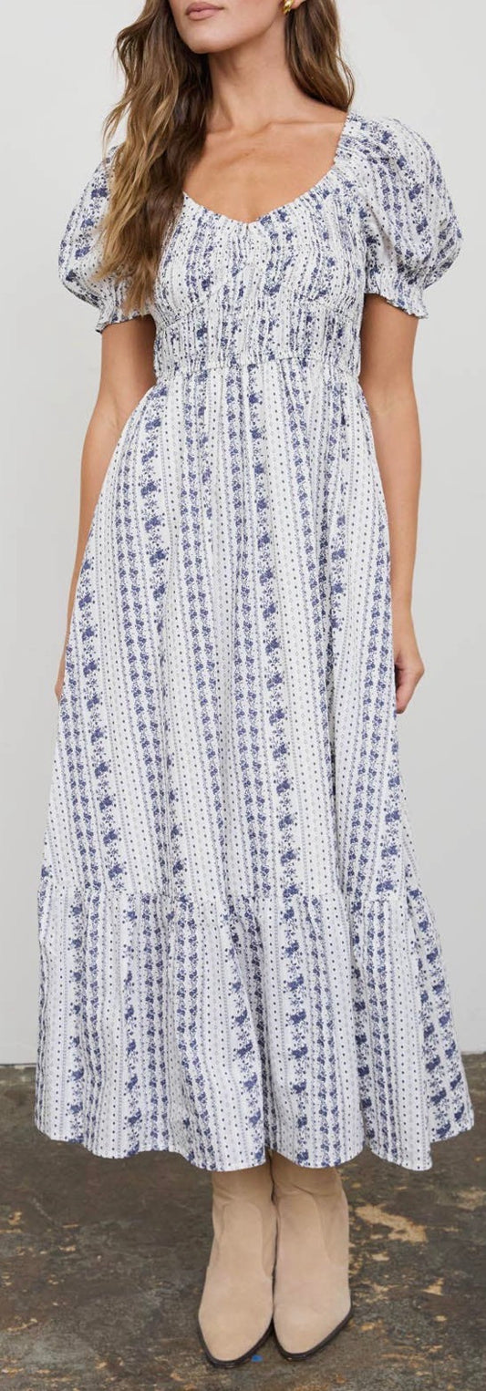 Floral Stripe Puff Sleeve Ruffled Navy & White Midi Dress