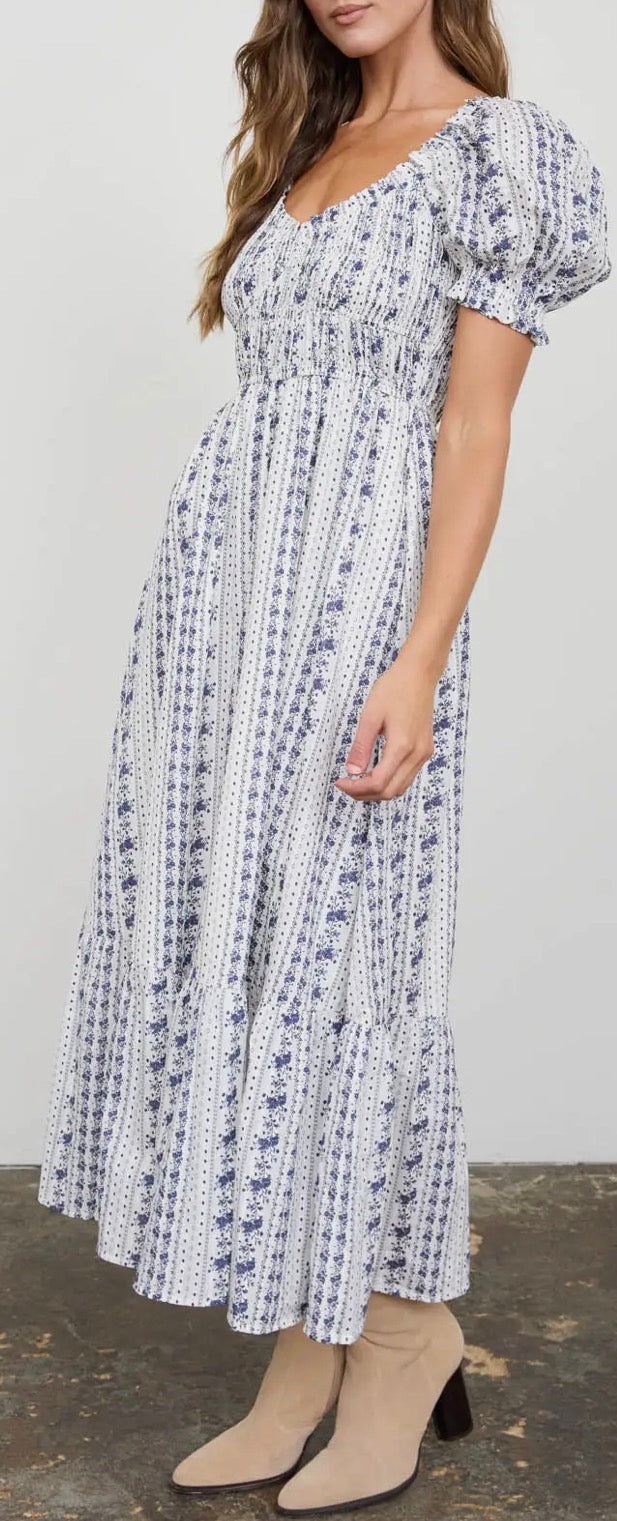 Floral Stripe Puff Sleeve Ruffled Navy & White Midi Dress