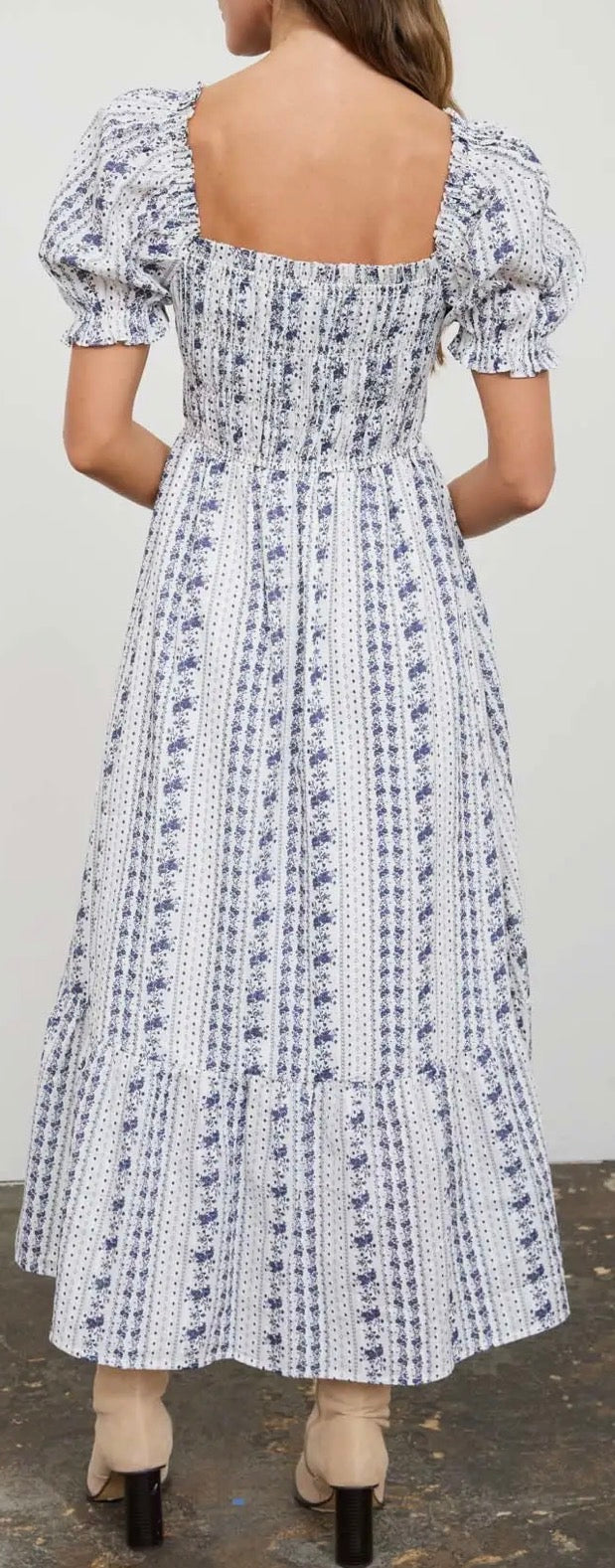Floral Stripe Puff Sleeve Ruffled Navy & White Midi Dress
