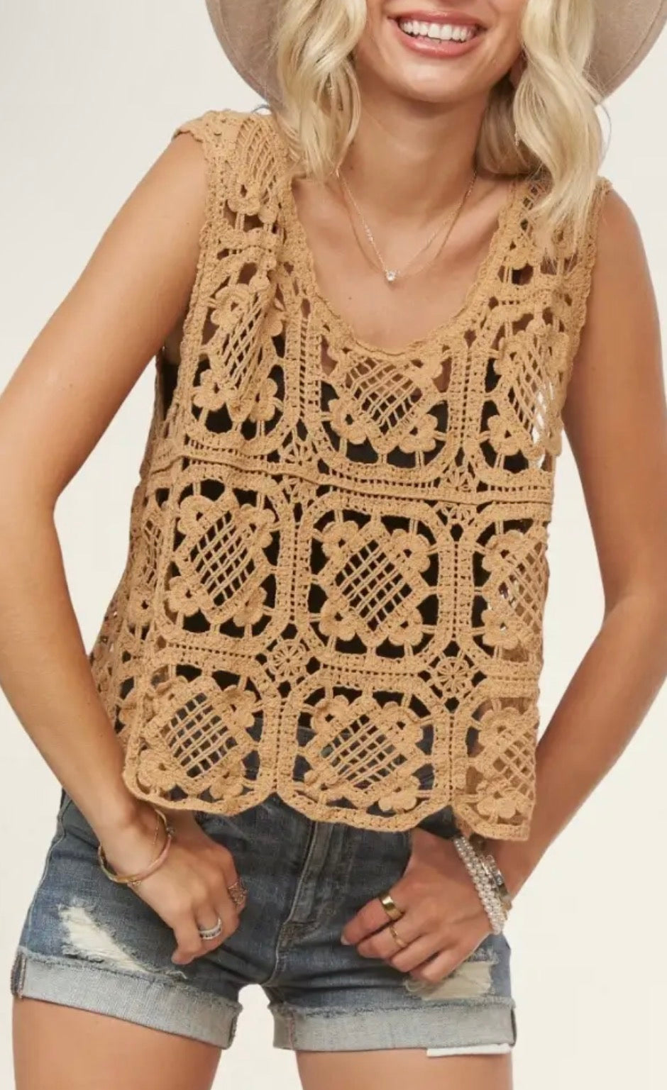 Casual Camel Crochet Sleeveless Top