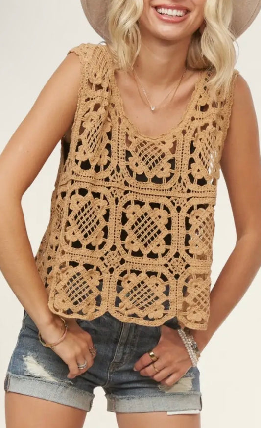 Casual Camel Crochet Sleeveless Top