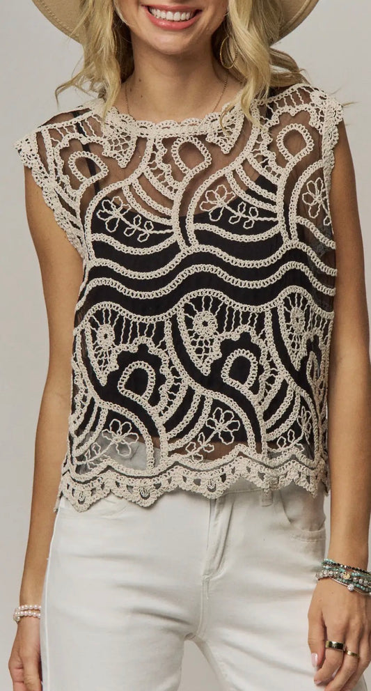 Sheer Black Lace Applique Top