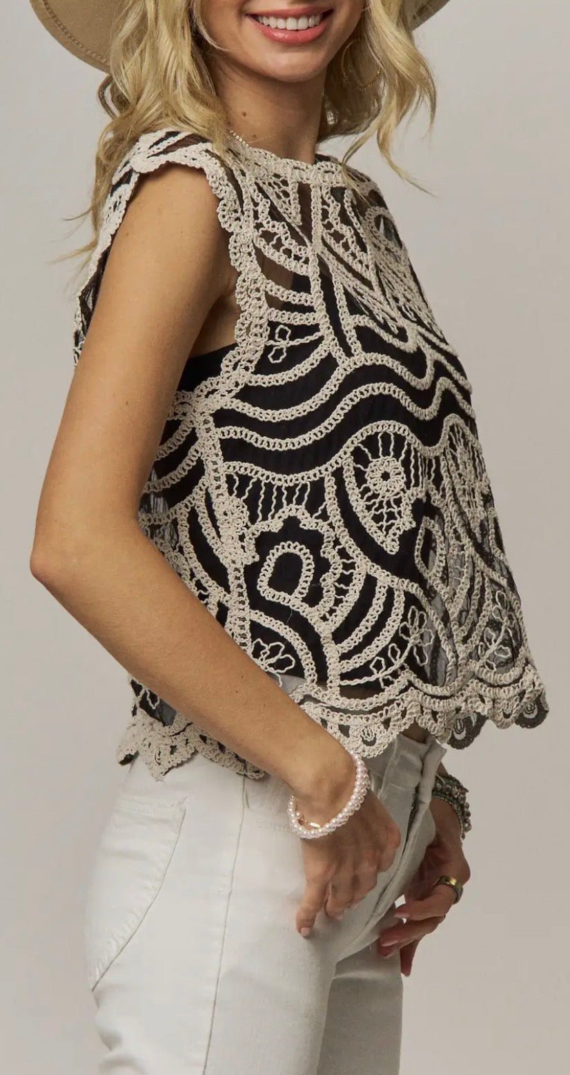 Sheer Black Lace Applique Top