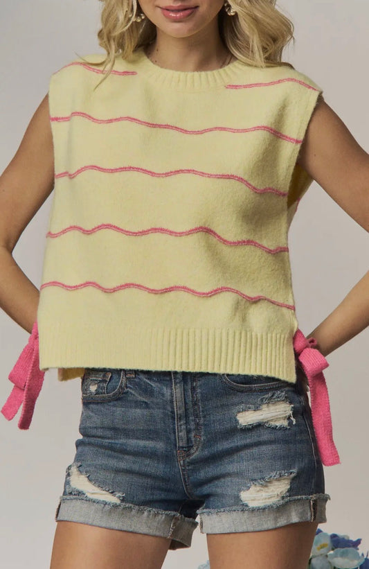 Wavy Stripe Sleeveless Side-Tie Sweater