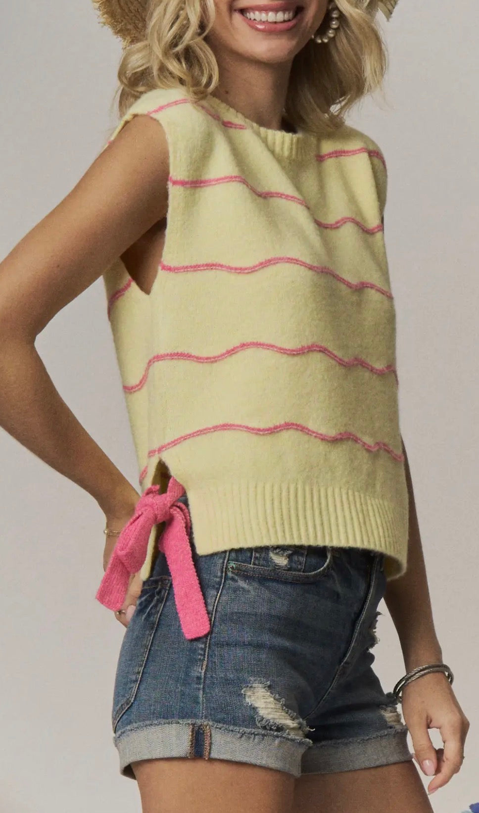 Wavy Stripe Sleeveless Side-Tie Sweater