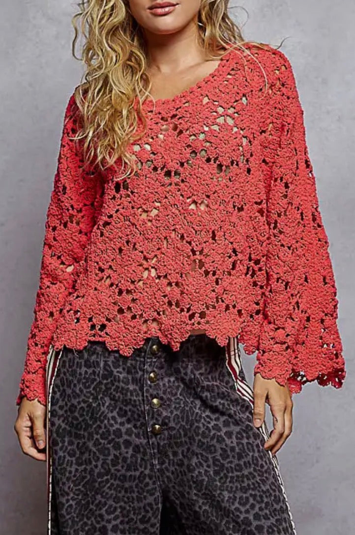 Loose Fit Apple Red Crochet Sweater Top
