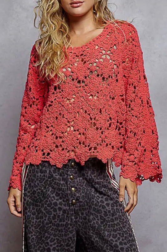 Loose Fit Apple Red Crochet Sweater Top