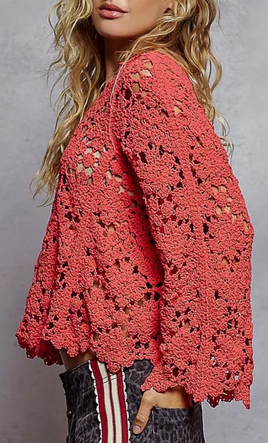 Loose Fit Apple Red Crochet Sweater Top